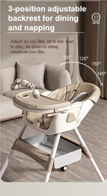 Moderner Baby-Hochstuhl als Klappstuhl in Beige mit Rollen und Kunstlederbezug - Bild 1