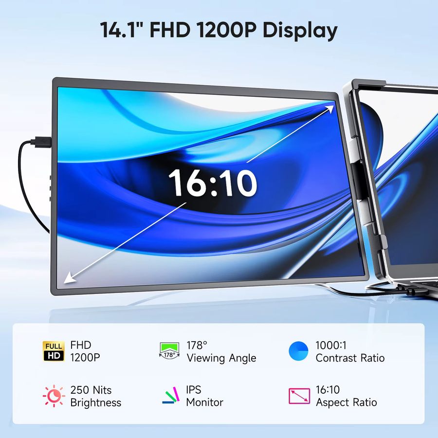 Dopesplay Dual-Screen-Extender 14,1 Zoll Tragbarer Monitor FHD 1200P IPS Zweites Display für Laptop und Mac in Schwarz - Bild 2