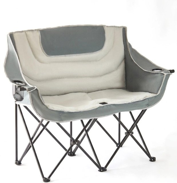 Relaxdays Campingbank für 2 Personen, grau, gepolstert mit Armlehnen und Getränkehalter, faltbar, B/T/H: 139 x 95 x 53 cm - Bild 1