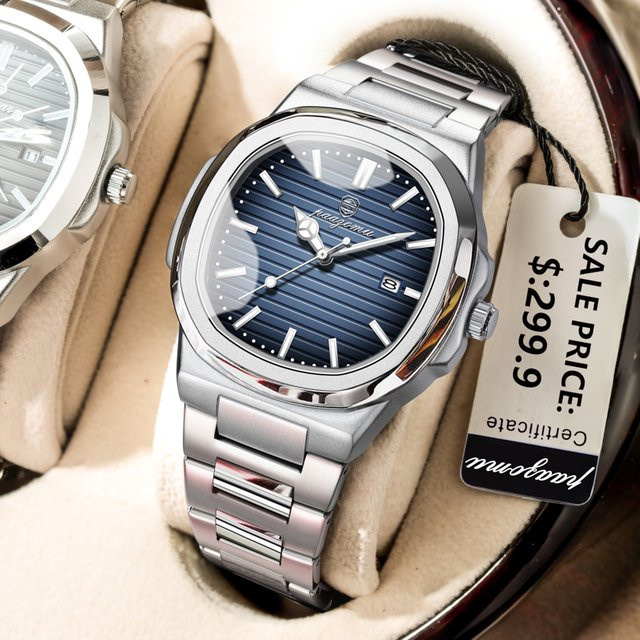 PAAZOMU Armbanduhr, Quarz, Edelstahl, Eckig, Blau, Herren - Bild 1
