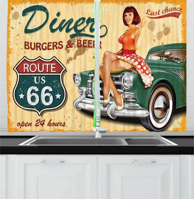 Route 66 Küchenvorhang mit Biercafé-Logo und Retro-Auto-Design, mehrfarbig, Breite: 135 cm, Höhe: 165 cm - Bild 1