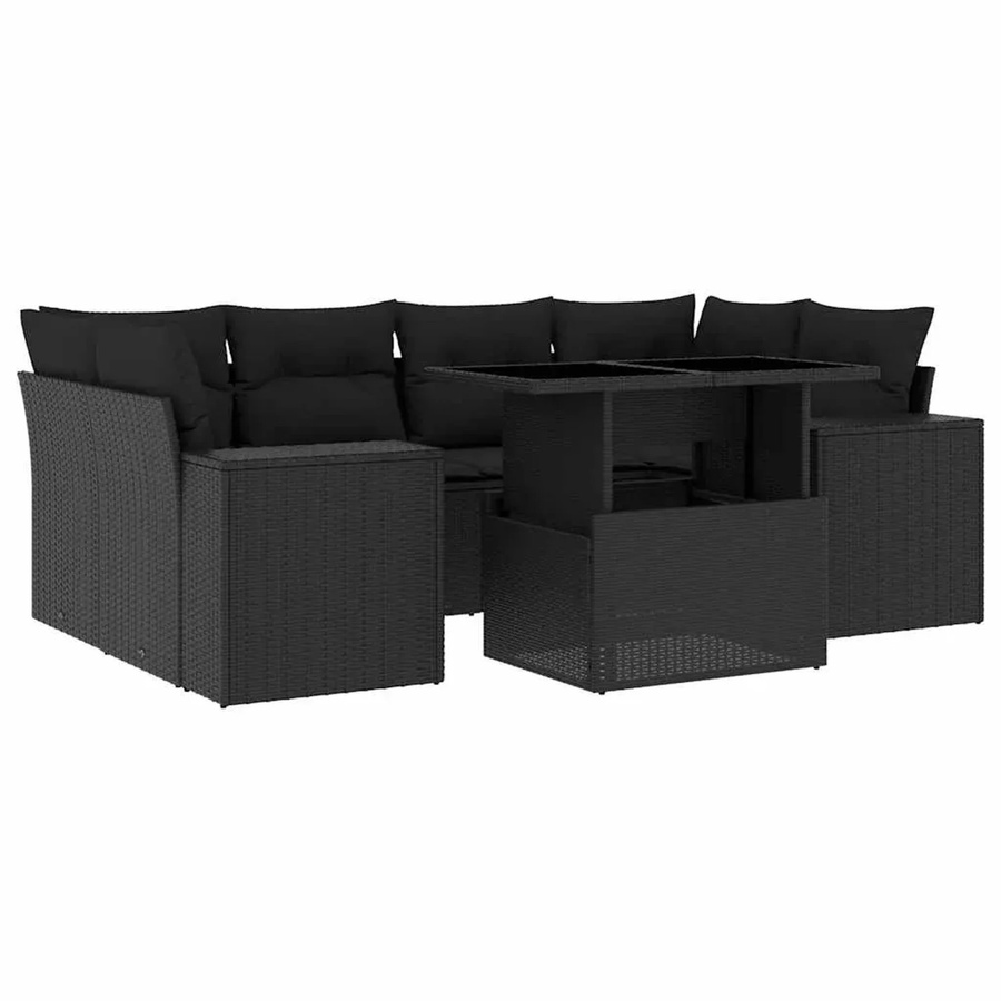 vidaXL 7-teilige Garten-Sofagarnitur in L-Form aus schwarzem Poly-Rattan mit Kissen und pulverbeschichtetem Stahlgestell - Bild 2