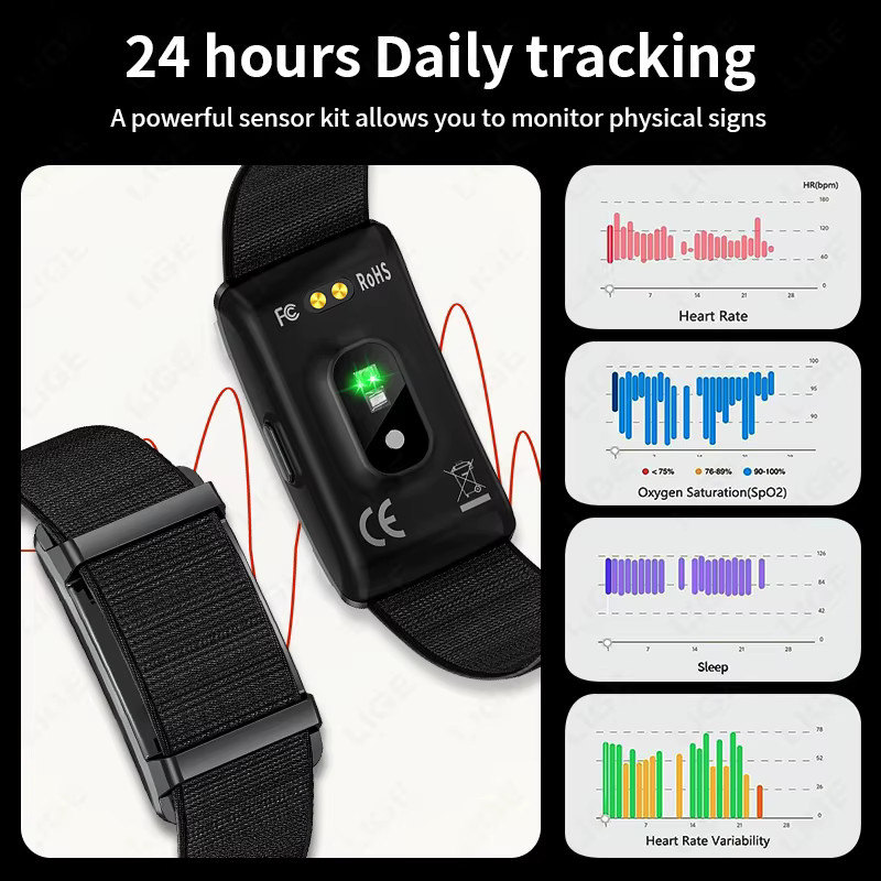 LIGE Fitness Smart-Armband für Damen und Herren mit Herzfrequenzmesser, wasserdicht bis 1 ATM, Schwarz - Bild 2