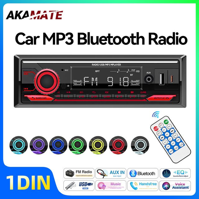 AKAMATE 1 DIN Autoradio mit Bluetooth, MP3, FM, EQ, AUX, USB und Sprachassistent in Schwarz - Bild 1
