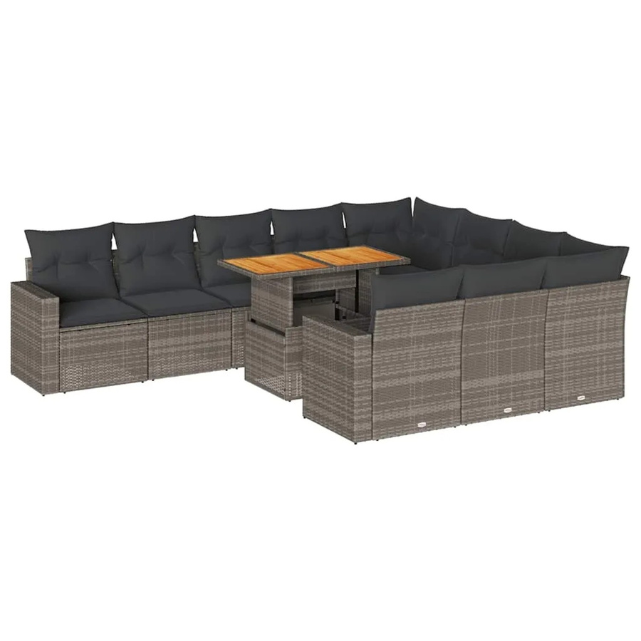 vidaXL 11-teilige Garten-Sofagarnitur aus Poly-Rattan und Akazienholz in Grau mit Kissen - Bild 2