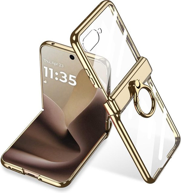 Motorola Razr 60 Ultra Schutzhülle mit galvanisiertem Rahmen und Metallringhalter in Transparent/Beige - Bild 1