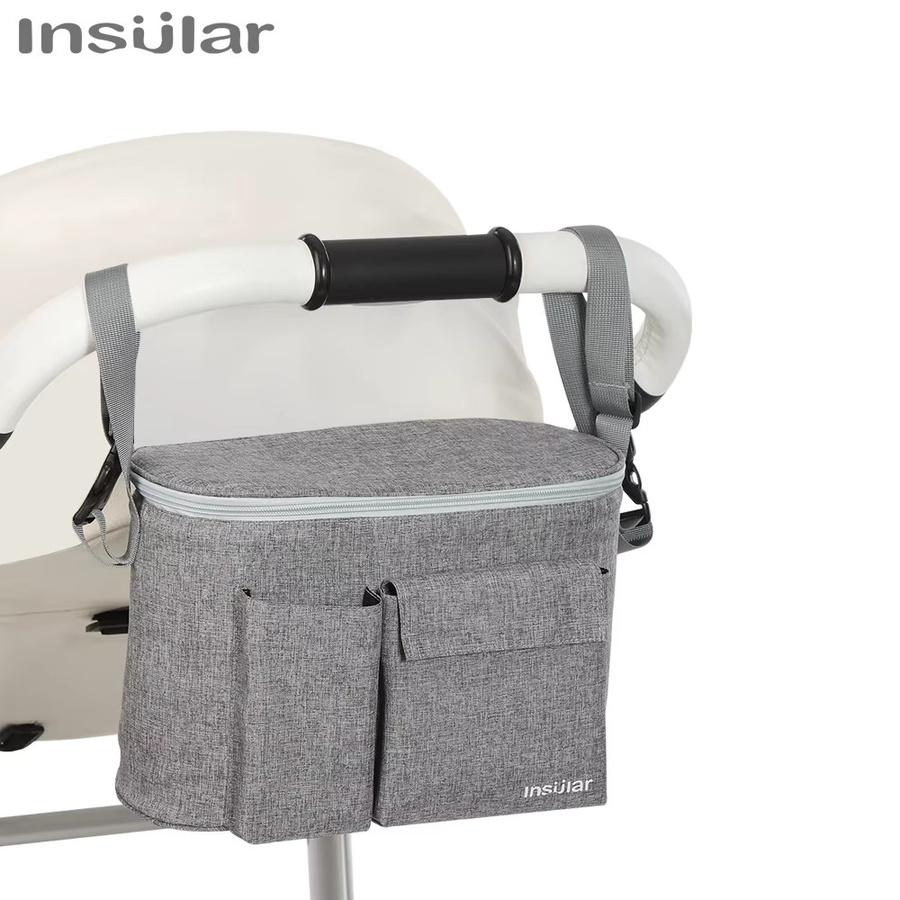 INSULAR Wasserdichte Multifunktionale Wickeltasche mit Isoliertaschen und Kinderwagenhaken in Grau mit Tragegurt - Bild 2