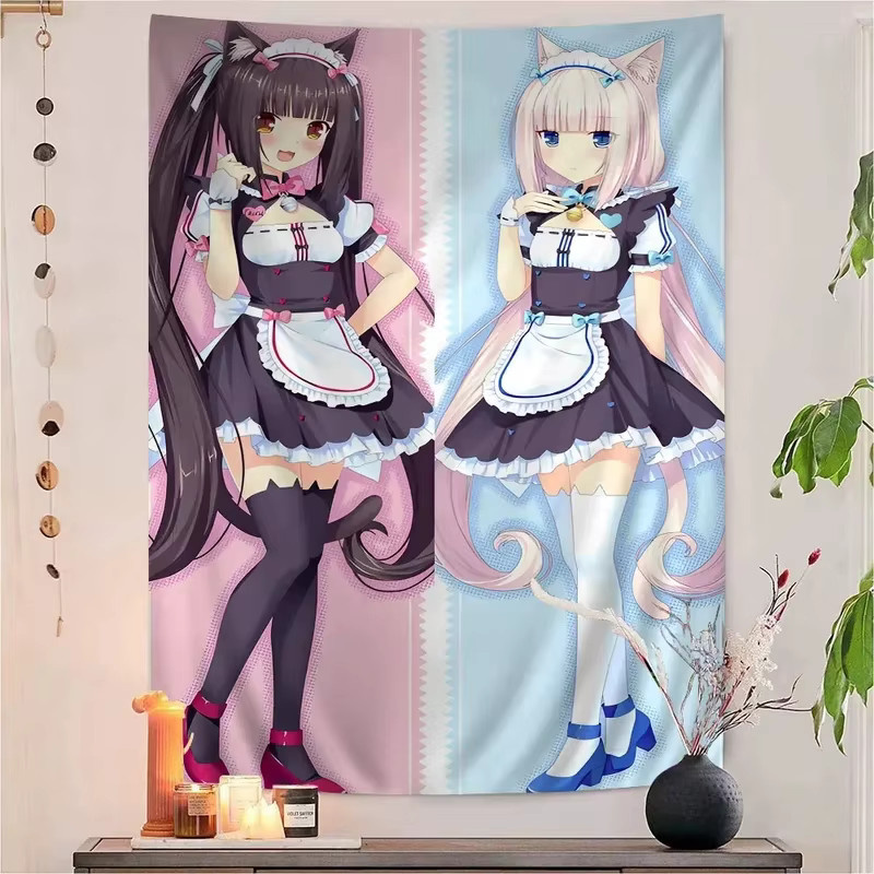 VIKAMA Nekopara Wandteppich mit Anime-Katzenmädchen und floralem Design, Mehrfarbig, B: 90 cm, H: 90 cm - Bild 1