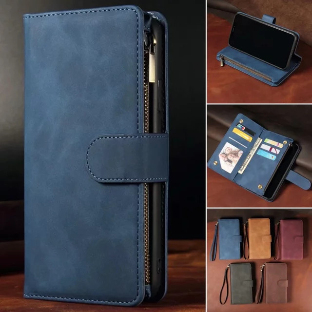 Samsung Galaxy Flip Wallet Cover aus Leder mit Reißverschluss in Schwarz oder Blau - Bild 1