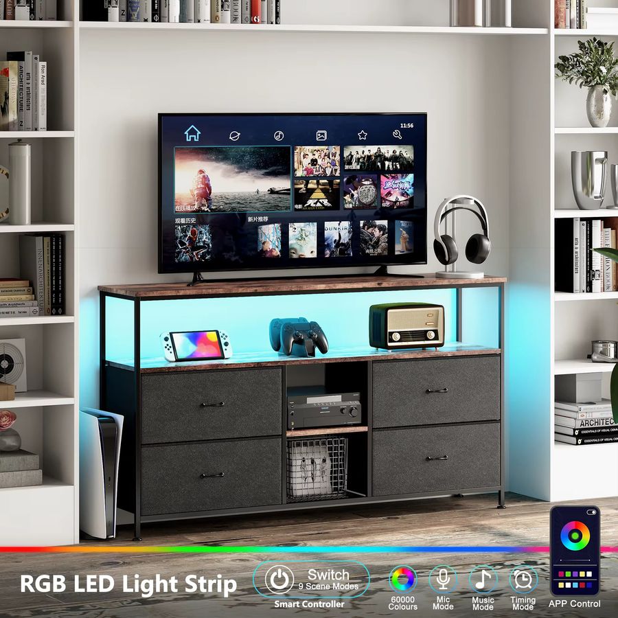 Anajqaqia LED-TV-Schrank in Schwarz mit Farbwechsel und 4 Schubladen, B/T/H: 108 x 30 x 78 cm - Bild 2