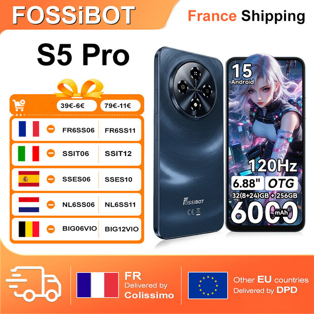 Fossibot S5 Pro Smartphone mit 6,88 Zoll HD+ Display, 256 GB Speicher, 32 GB RAM, Android 15, 6000mAh Akku, 120Hz, 50MP Kamera und seitlichem Fingerabdrucksensor - Bild 1