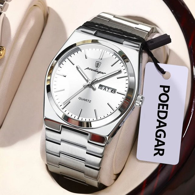 POEDAGAR Armbanduhr Edelstahl, Quarz, Herren, Datum, Wochentag, Weiß - Bild 1