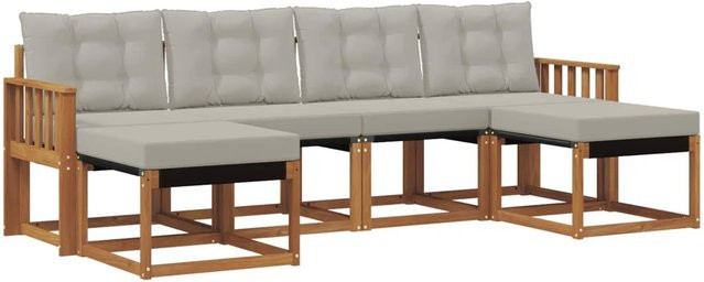 vidaXL Outdoor-Sofagarnitur 6-teilig aus Akazienholz und Textilene in Natur und Grau mit UV-beständigen Kissen - Bild 1