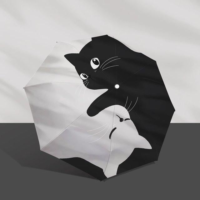 Keconutbear Klappregenschirm mit Katzenmotiv in Schwarz und Weiß für Sonne und Regen - Bild 1