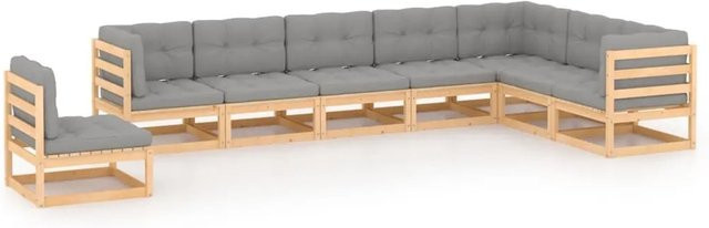 vidaXL 8-teiliges Garten-Lounge-Set aus massivem Kiefernholz in L-Form mit grauen Polstern - Bild 1