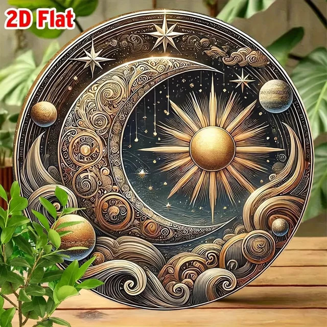 Potdemiel Wandkunst Vintage Mystischer Mond und Sonne mit Blumenrelief und Sternen, rundes Aluminiumdekor, Durchmesser: 20 cm - Bild 1