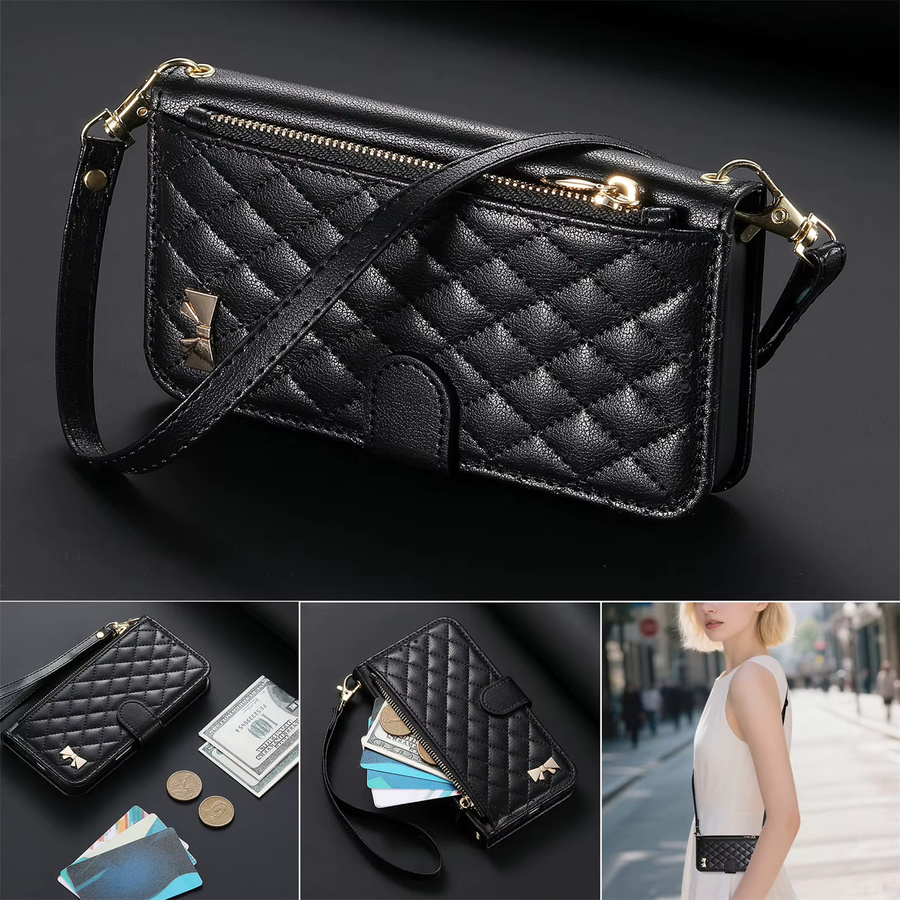 Crossbody Flip Wallet aus PU-Leder mit Reißverschluss und Handgelenksschlaufe als Handyhülle für Apple iPhone, Farbe: Schwarz - Bild 4