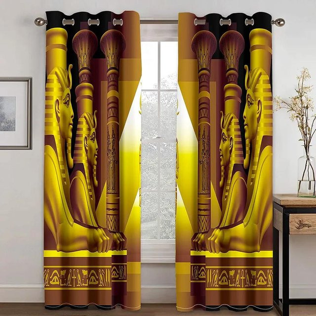 Luxus Vorhänge mit ägyptischem Götter- und indischem Antik-Design in Schwarz und Gold, 2er-Set mit Ösen, halbtransparent, B: 60 cm x H: 60 cm - Bild 1