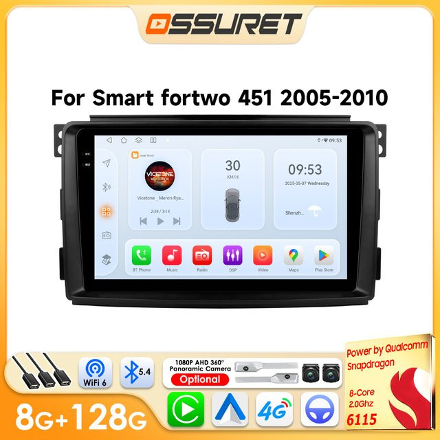 OSSURET Android Autoradio-Player für Smart Fortwo 451 (2005-2010) mit kabellosem CarPlay, Android Auto, Wi-Fi und 360-Grad-Kamera in Schwarz - Bild 1