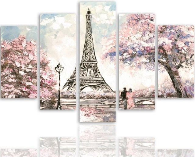 Fünfteiliger Leinwanddruck Feeby Paris Eiffelturm in Pastellfarben mit MDF-Rahmen, Breite: 100 cm, Höhe: 70 cm - Bild 1