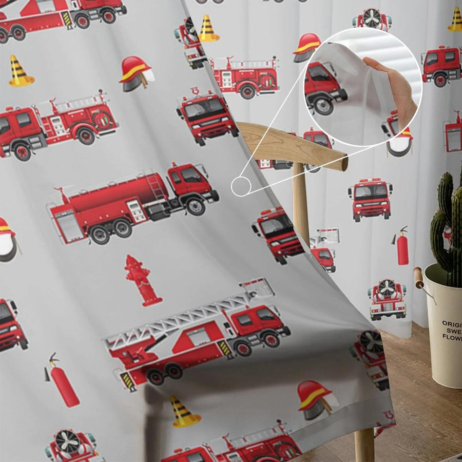 Yiran Furniture Transparentes Voile-Fensterdekoration mit Cartoon Feuerwehrauto in Grau, Breite: 135 cm, Höhe: 115 cm - Bild 2