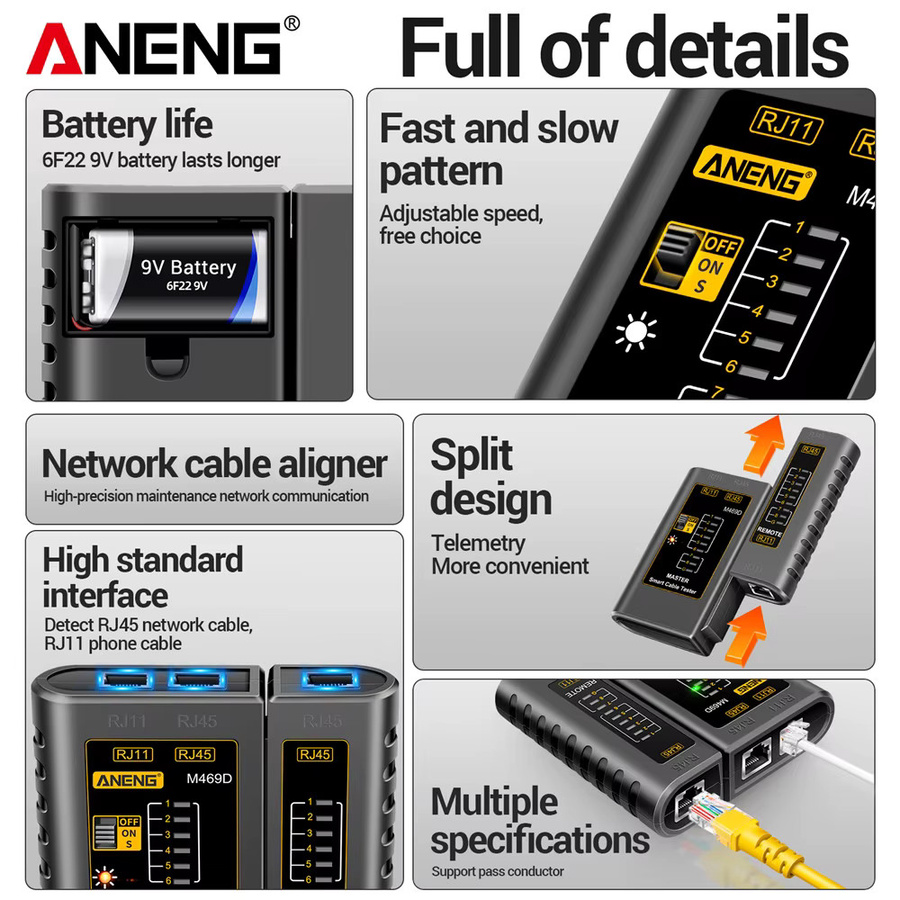 ANENG M469D Kabeltester für RJ45 RJ11 RJ12 CAT5 UTP LAN-Netzwerkwerkzeug in Schwarz - Bild 4