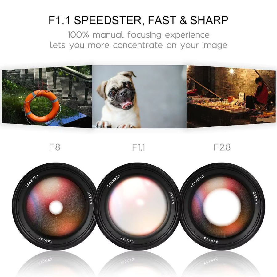 Kamlan 50 mm f1.1 APS-C Objektiv mit manueller Fokussierung für Sony E-Mount, Schwarz - Bild 2