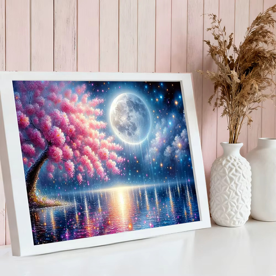 HUACAN Diamant-Mosaik-Set Kirschblüten-Landschaft mit See und Mond, Mehrfarbig, B/H: 30 x 20 cm - Bild 2