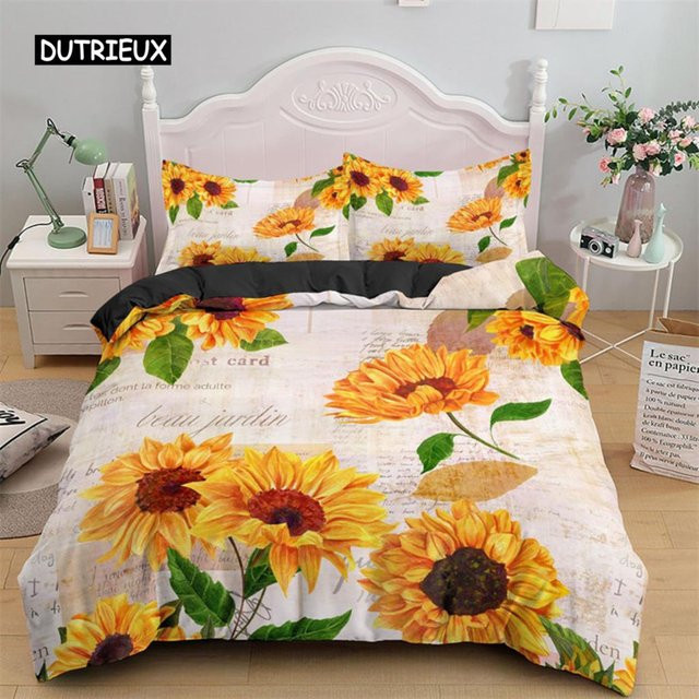 Bettbezug mit Sonnenblumen-Motiv in Gelb und Grün mit Reißverschluss, B/H: 135 x 200 cm - Bild 1