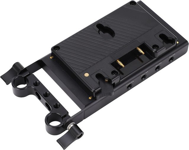 Igeteck Adapterplatte für Gold Mount Akku mit D-Tap und dualem USB-C Ausgang sowie 15mm Stangenklemme, schwarz - Bild 1