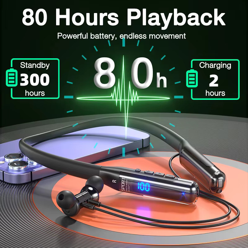 EARDECO Bluetooth-Kopfhörer mit Nackenbügel und Mikrofon für Sport, 80 Stunden Wiedergabe, Stereo-Bass, in Schwarz oder Silber - Bild 4
