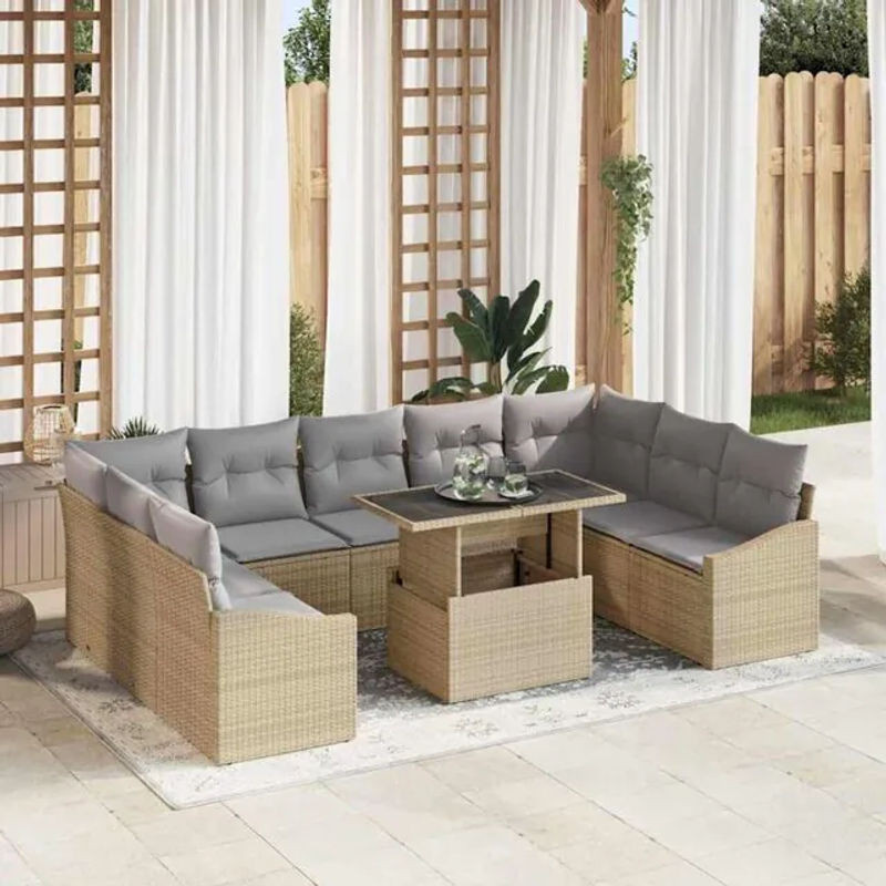 Vidaxl Garten-Sofa-Set aus Polyrattan und Stahl, 10-teiliges Loungemöbel in Beige und Grau, B/T/H: 100 x 55 x 73 cm - Bild 1