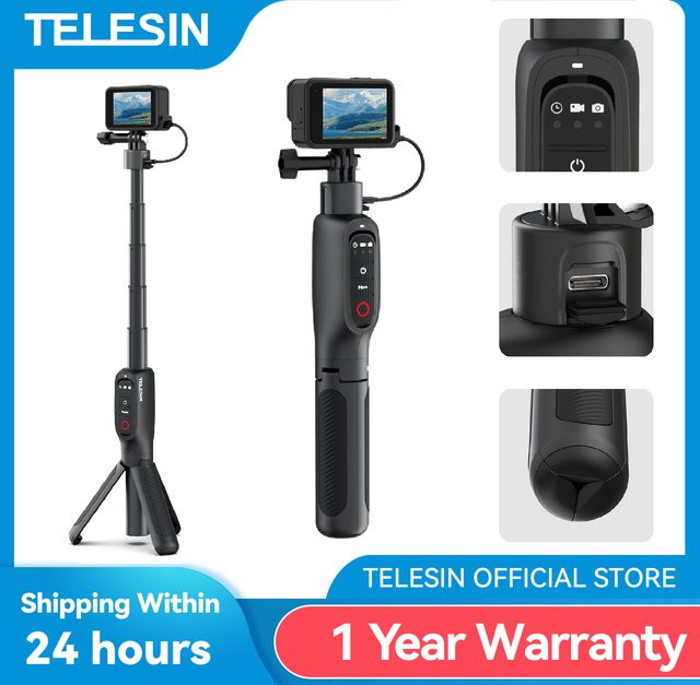 TELESIN Selfie Stick Stativ mit 360 Grad Rotation und 5000mAh Powerbank sowie Fernbedienung in Schwarz für GoPro Hero 13 12 11 10 9 MAX - Bild 1
