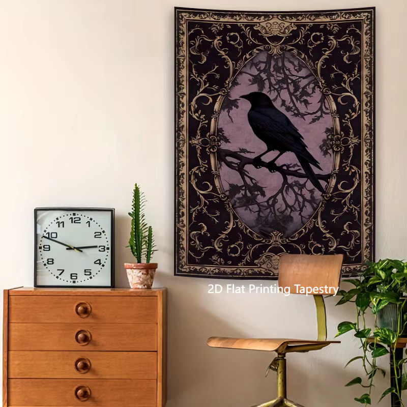 VIKAMA Gothic Crow Wandteppich mit Retro-Dunkeldruck, rechteckiger Textil-Wandteppich mit Vogelmotiv, Breite: 60 cm, Höhe: 40 cm - Bild 3