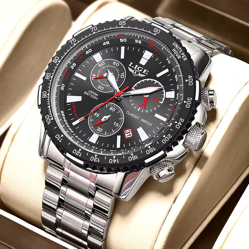 LIGE Chronograph Armbanduhr, Quarz, Edelstahl, Schwarz, Herren - Bild 6