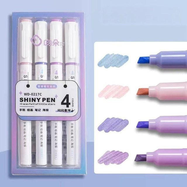 Kawaii Glitzer Textmarker Stifte in 4 Farben für Journaling und Planer, Japanische Schreibwaren Multicolor mit Keilspitze - Bild 1