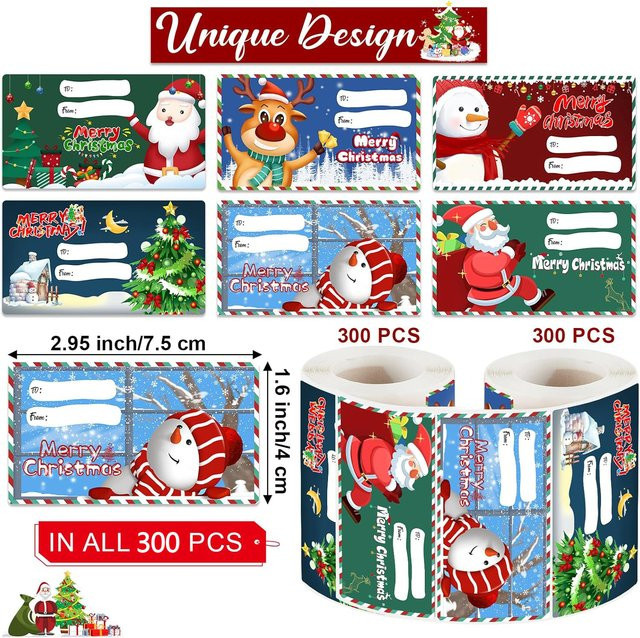 300 Stück selbstklebende Weihnachtsgeschenkanhänger mit Rollennamen und Aufklebern in Multicolour zur Dekoration von Geschenkverpackungen mit Weihnachtsmann, Rentier und Schneemann - Bild 1