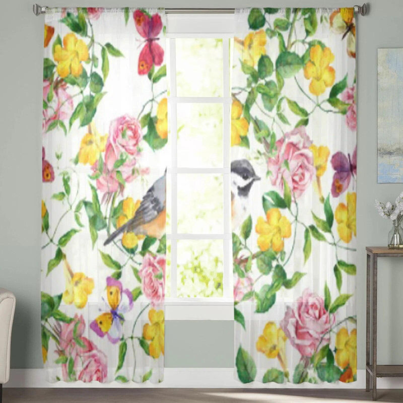A Family Of Home Textiles Transparente Tüll-Vorhänge mit Blumen- und Schmetterlingsmuster in Weiß und Gelb, Breite: 135 cm, Höhe: 114 cm - Bild 2