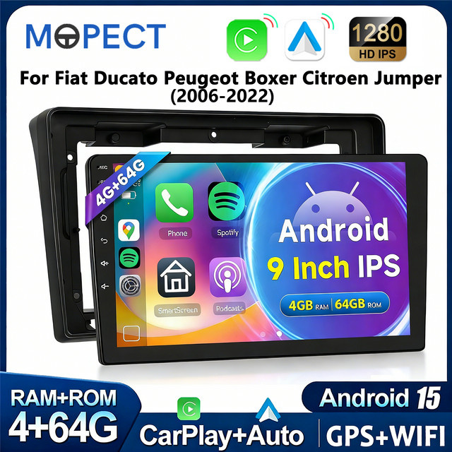 MOPECT Auto-Multimediaplayer mit Carplay und Android Auto sowie Navigation für Fiat Ducato 2005-2023, Citroen Jumper und Peugeot Boxer 2006-2022, Schwarz - Bild 1