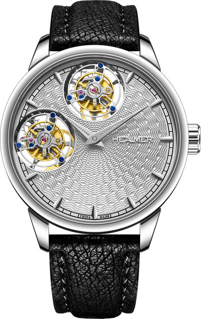 HEAIMER Armbanduhr Doppel-Tourbillon, Edelstahl, Silber, Leder, Herren - Bild 1