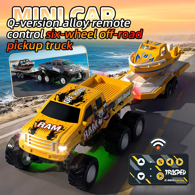 CONUSEA RC Mini-Legierungs-Offroad-Pickup mit Speedboot, ferngesteuertes Auto, 1:64, Gelb - Bild 2