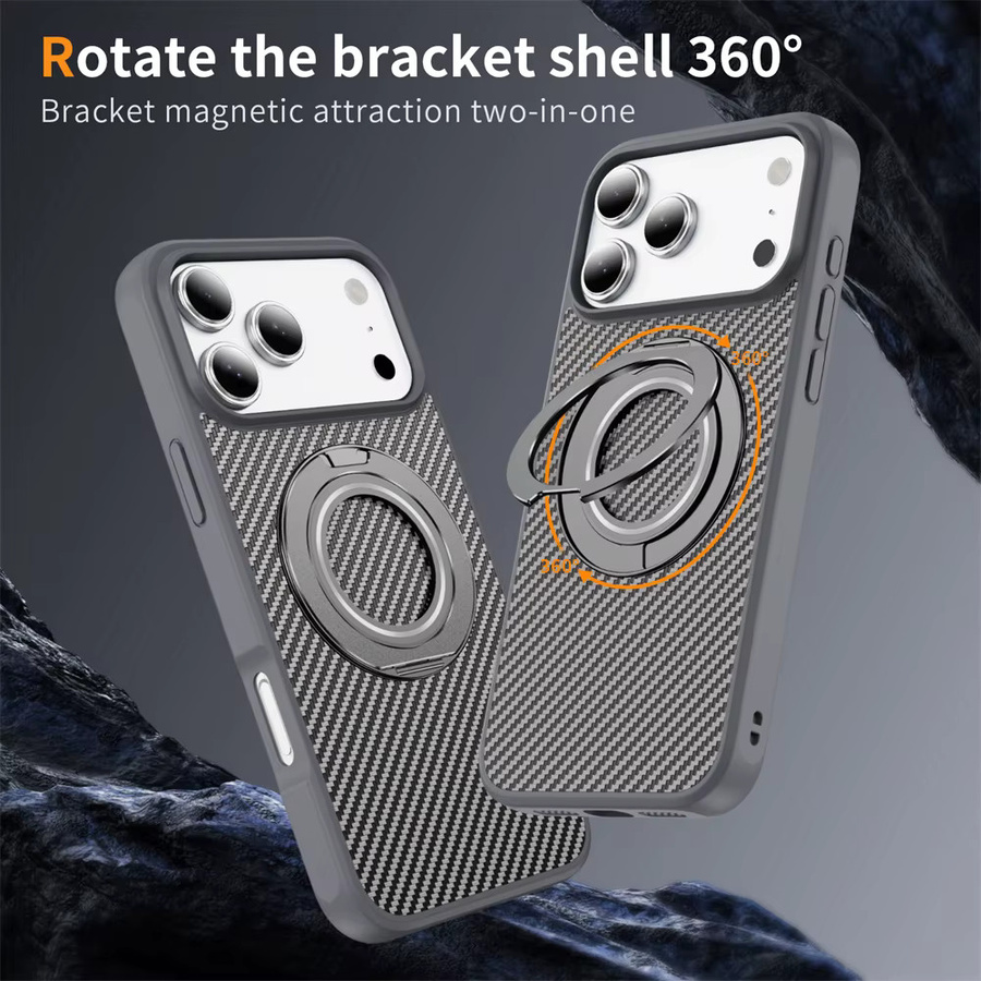 Magnetische Handyhülle mit 360 Grad rotierender Halterung für Apple iPhone 17 Air 16 15 14 13 12 Pro Max in Black mit Kohlefaser-Schutz - Bild 2