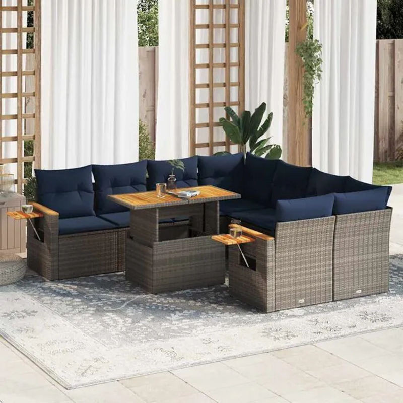 9-teilige modulare Garten-Sofagarnitur mit Kissen in Grau von vidaxl aus Poly-Rattan und Metall - Bild 1