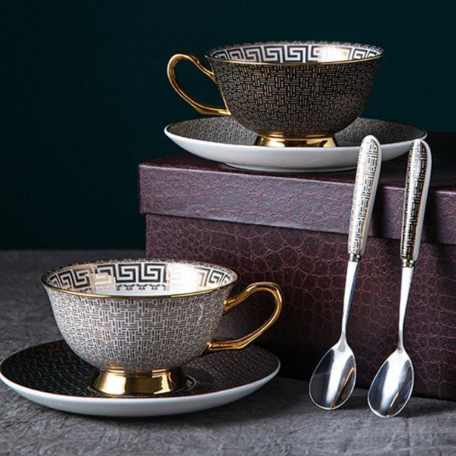Keramik Kaffeetassen-Set mit geometrischem Gittermuster aus Bone China für Kaffee und Tee - Bild 1