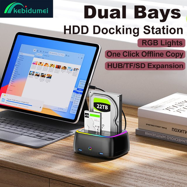 Kebidu USB 3.0 Dual-Bay HDD-Dockingstation mit One Click Offline Copy und RGB-Lichteffekt für 2,5 und 3,5 Zoll HDD/SSD, Schwarz/Multicolor - Bild 1