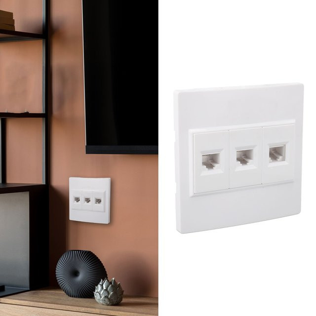 VBESTLIFE Cat 6 Ethernet-Wandplatte in Weiß mit 3 Anschlüssen, Keystone-Buchse auf Buchse, B/H: 86 x 86 mm - Bild 1