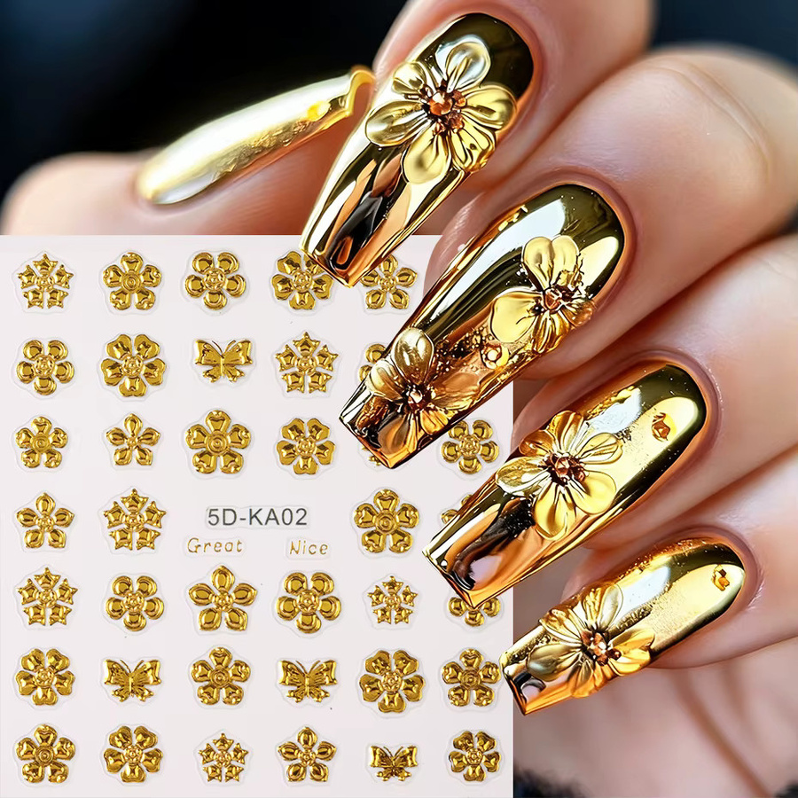 Full Beauty Nagelkunst Aufkleber, Goldene Chrom-Blüten und Schmetterlinge, Glänzend - Bild 4