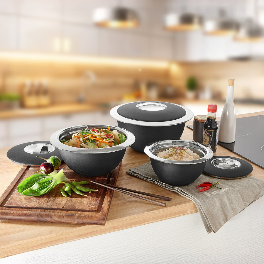 Genialo Edelstahl-Thermoschüssel-Set, 3-teilig, Schwarz - Bild 3