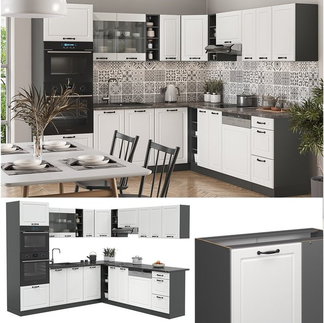 Vicco R-Line Eckküche Landhaus Einbauküche in Anthrazit und Weiß B/T/H: 247 x 60 x 247 cm - Bild 1