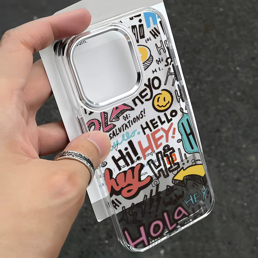 Stoßfeste Silikon Handyhülle mit Cartoon Reise Graffiti Design für Apple iPhone 17 Pro Max, 16, 15, 14, 13, 12, 11 in Silber mit Linsenrahmen - Bild 4